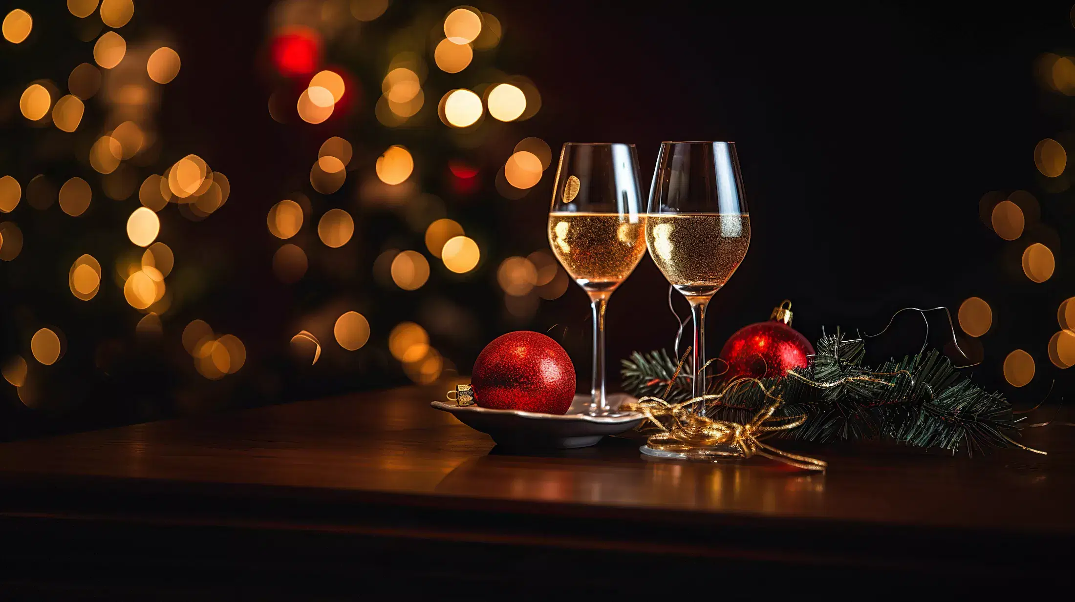 Online training for responsible beverage service (RBS) with two glasses of champagne on a table in front of a christmas tree.