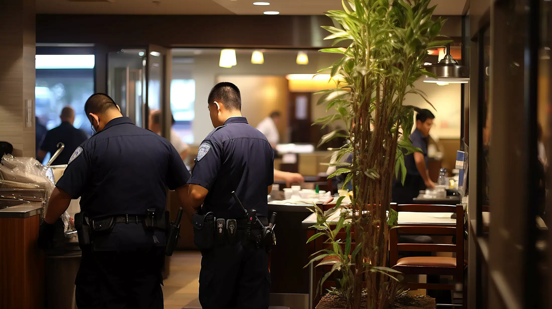 Two police officers ensuring responsible beverage service at a restaurant.