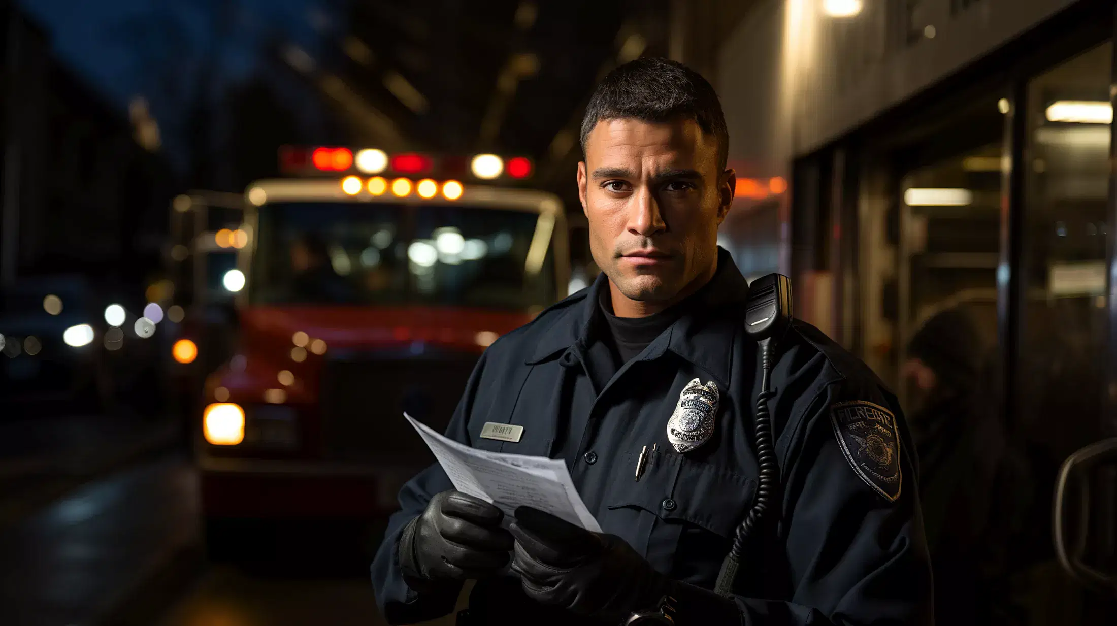 A police officer conducting online training on responsible beverage service in front of a fire truck.