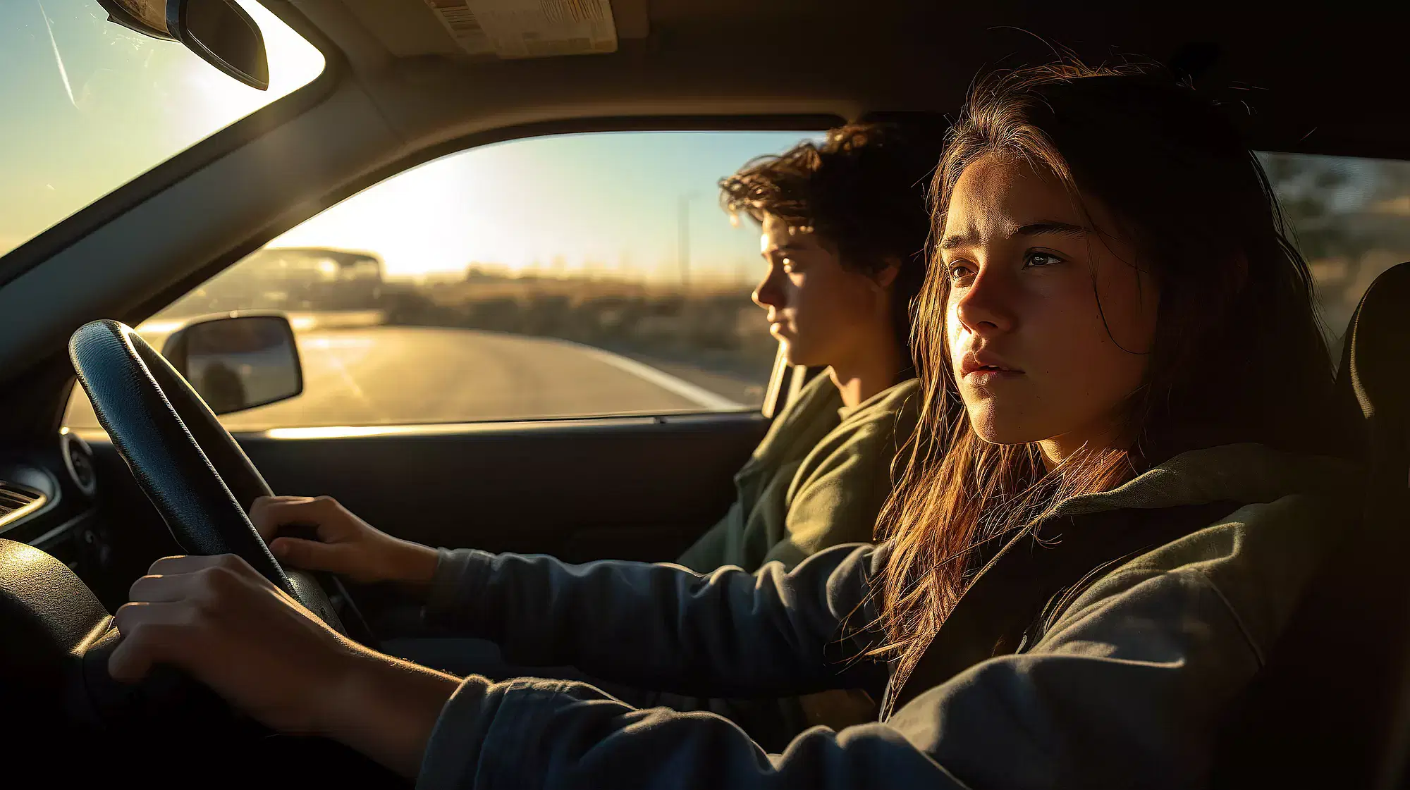 Two young people driving a car at National Teen Driver Awareness Week.