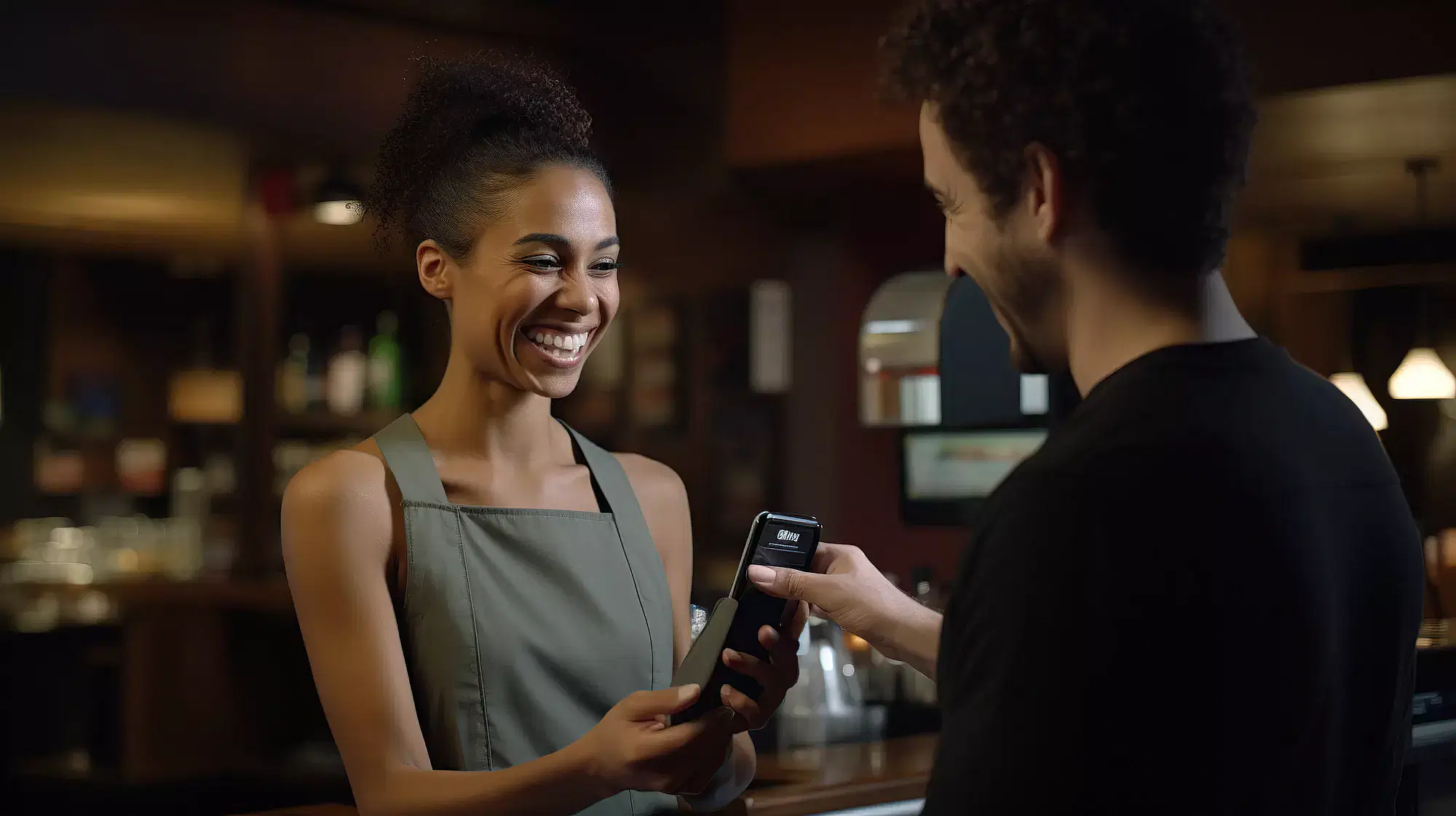 A man and woman smiling at each other at a bar, representing the future of age-verified beverage purchases.