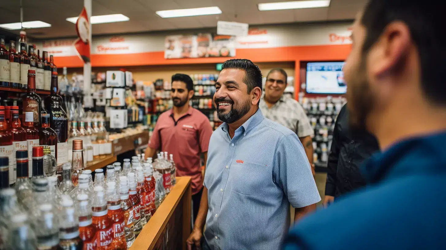 A group of men standing in a liquor store.