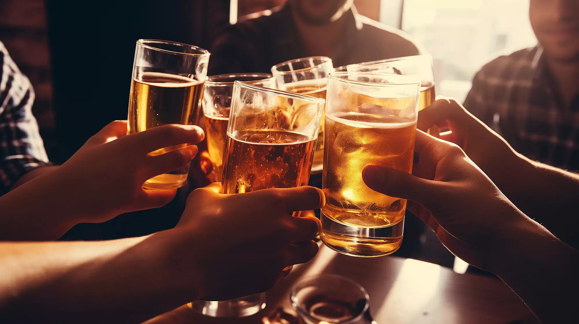 A group of people responsibly toasting beer glasses at a bar, following their beverage service training.